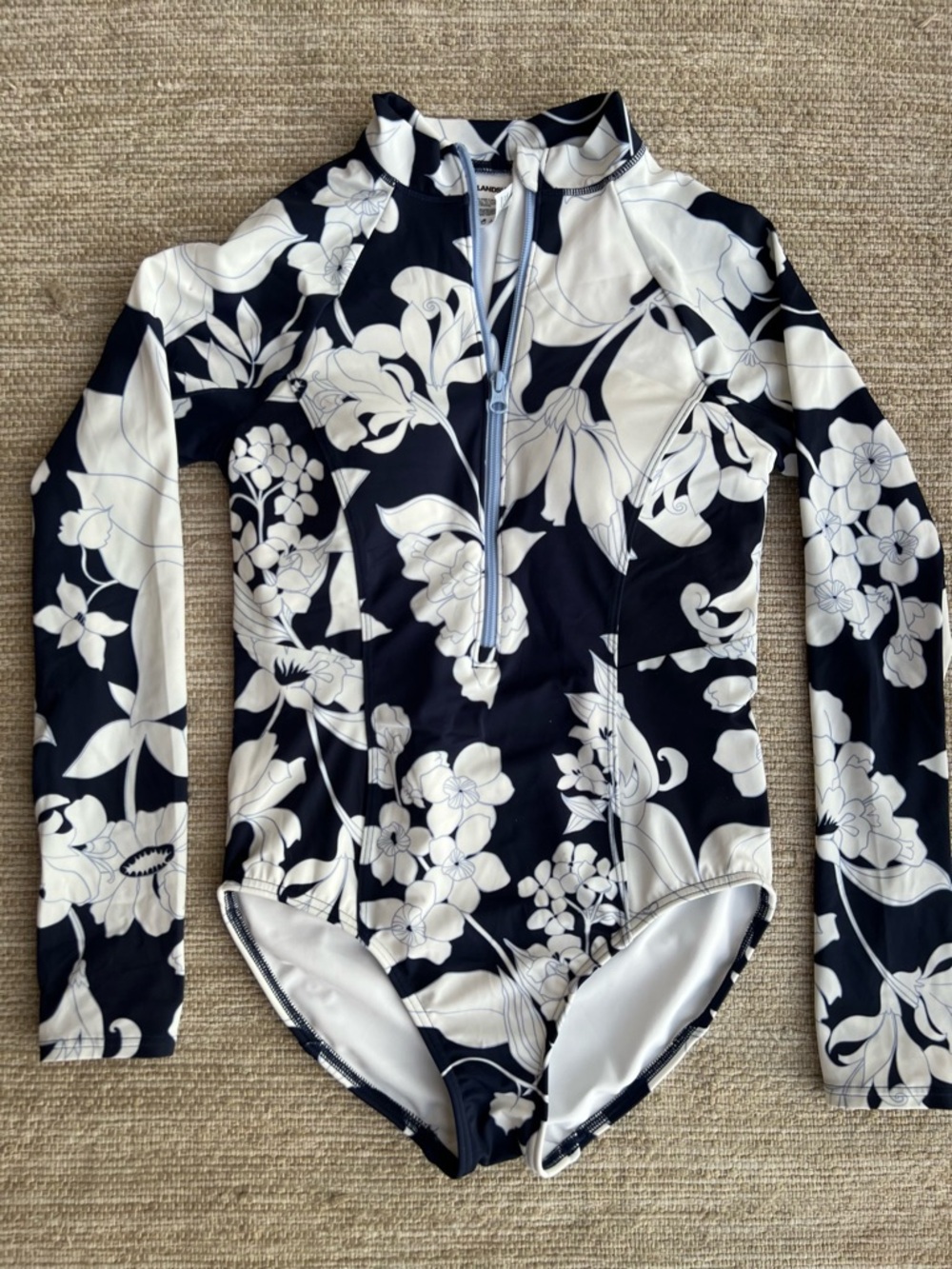Lands' End Navy Blue & White Floral Long-Sleeve Rash Guard Swimsuit size 6P